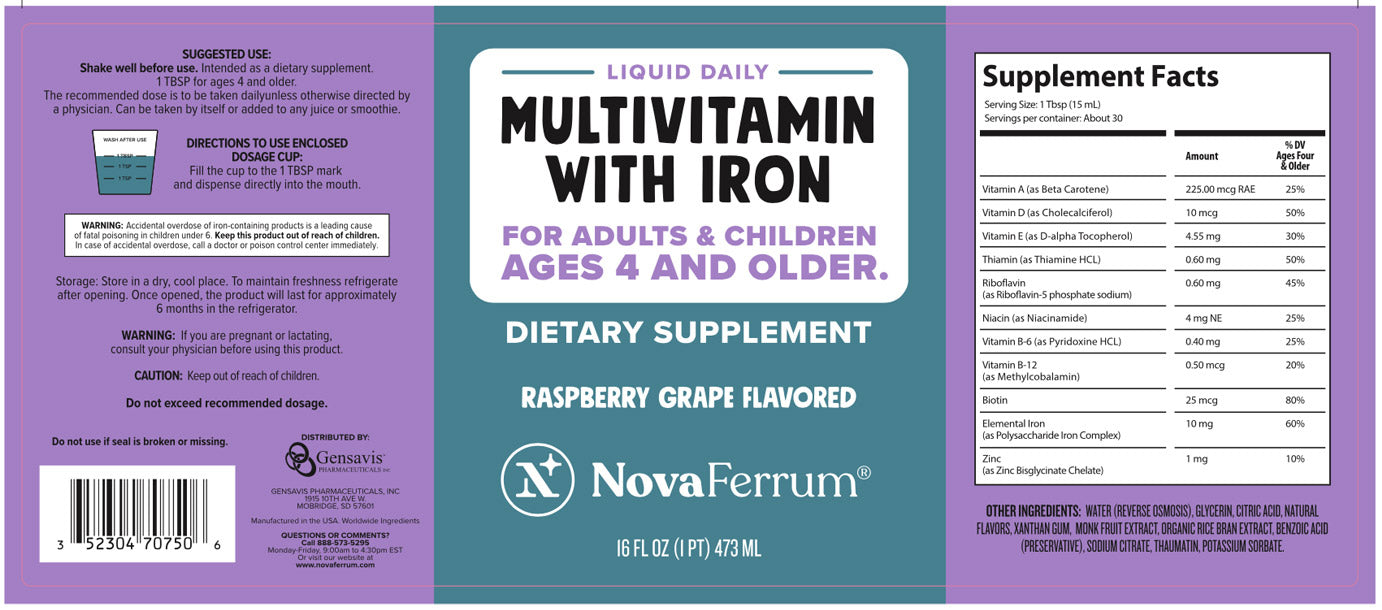 NovaFerrum Yum 16 Fl Oz - Multivitamin with Iron for Kids & Adults